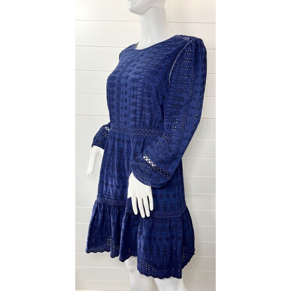 J. Crew Navy Blue Floral Eyelet Long Sleeve Dress Size 4 CottageCore Coquette